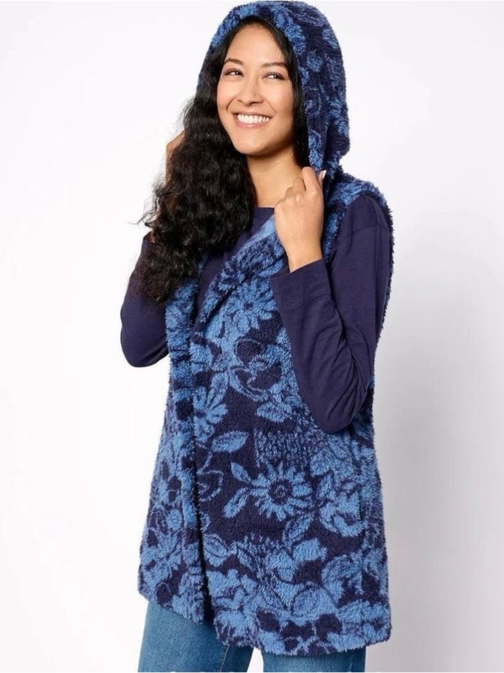 Koolaburra by UGG ~ Blue Floral Hooded Fuzzy Vest w/ Pockets, Great Condition!